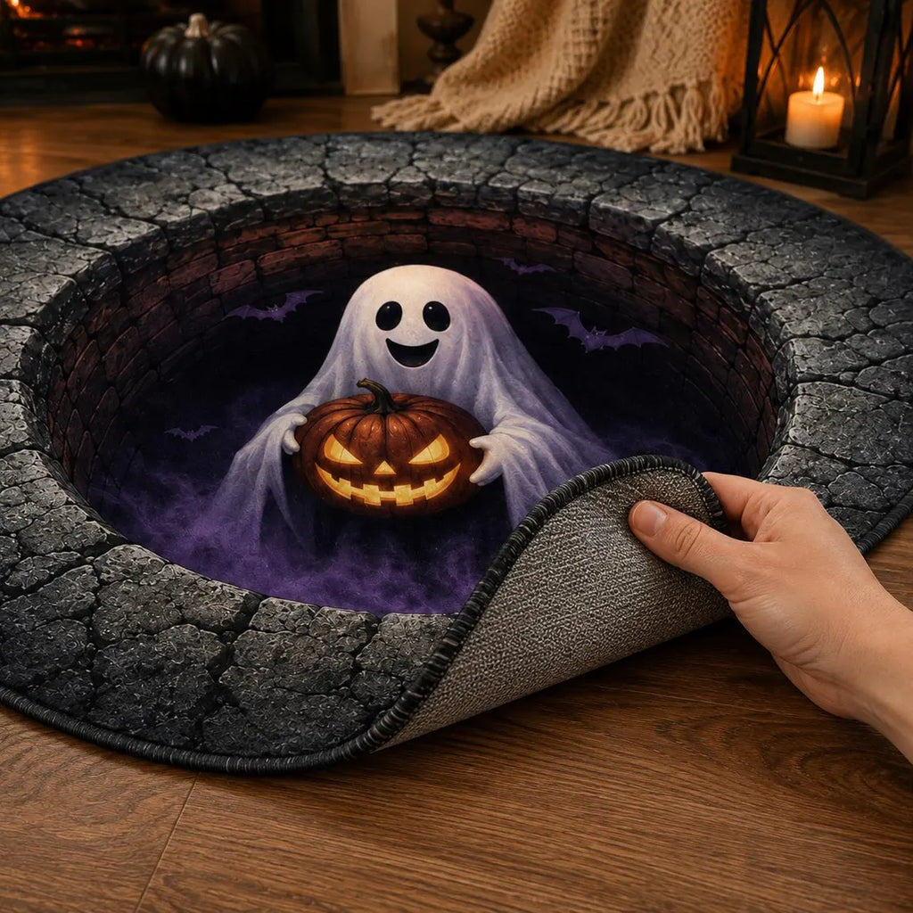 3D Ghost Halloween Rug, Round Jack O Lantern Area Rug, Spooky Optical Illusion Floor Mat, Haunted House Decor