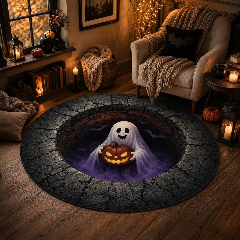 3D Ghost Halloween Rug, Round Jack O Lantern Area Rug, Spooky Optical Illusion Floor Mat, Haunted House Decor
