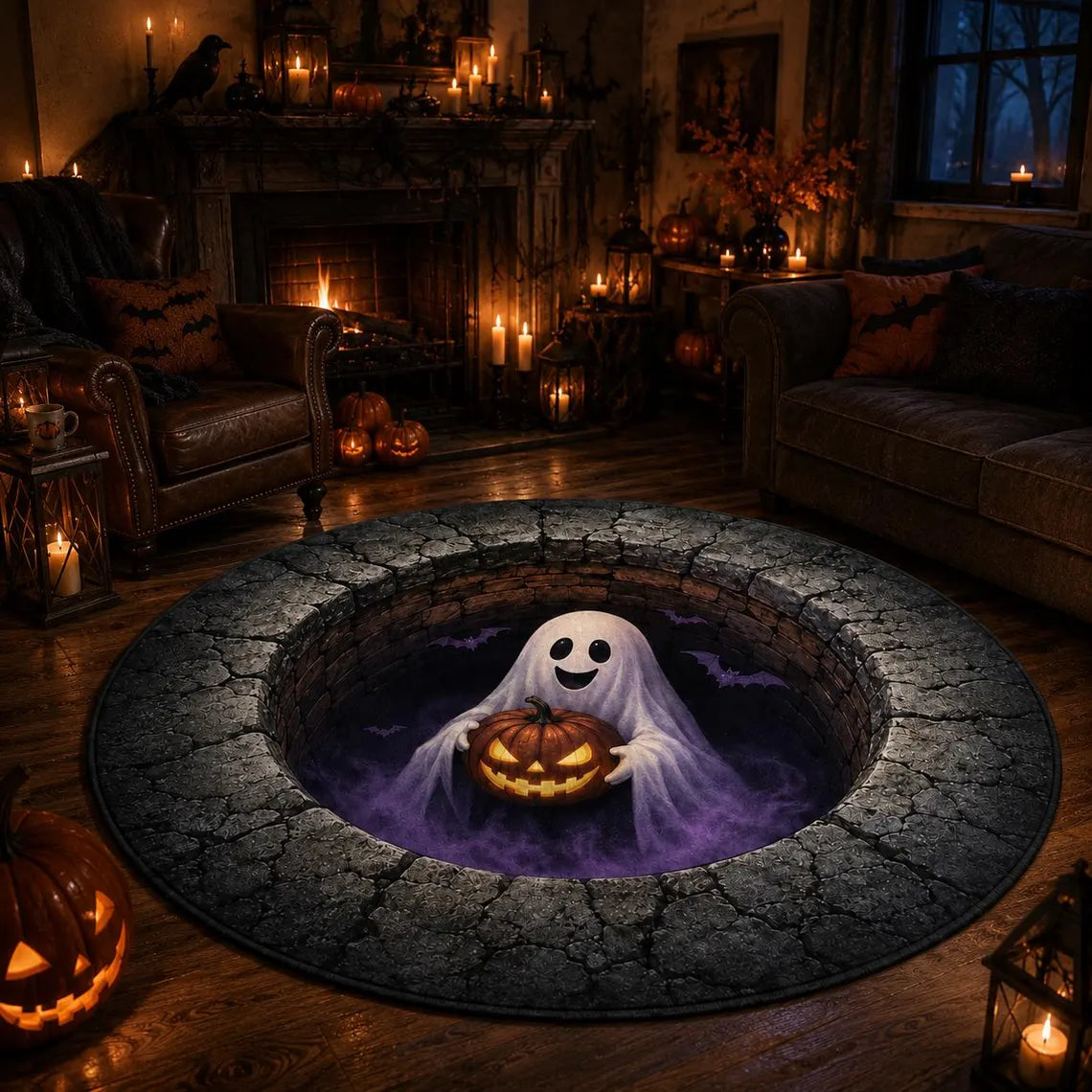3D Ghost Halloween Rug, Round Jack O Lantern Area Rug, Spooky Optical Illusion Floor Mat, Haunted House Decor