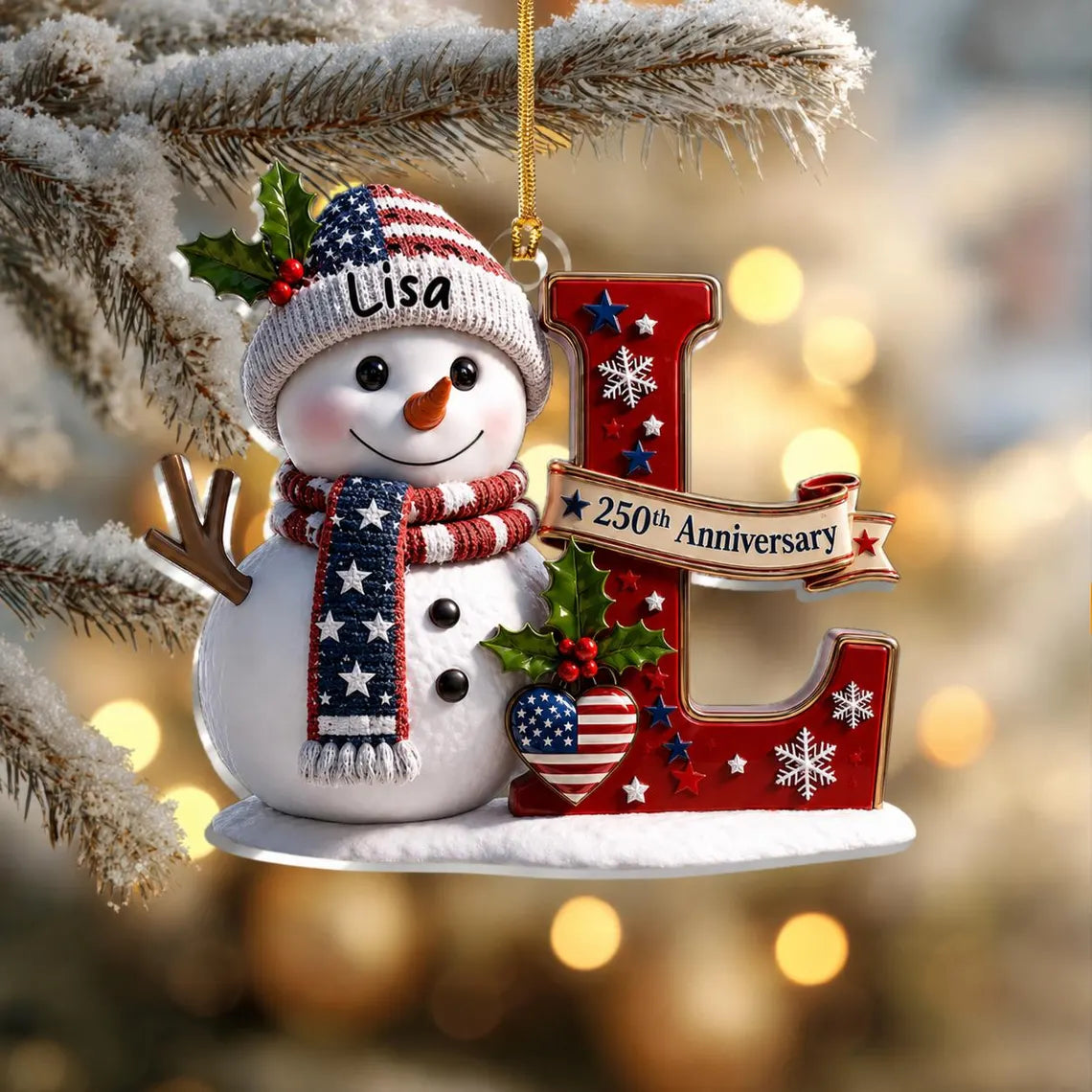 Personalized Patriotic Snowman Ornament, Custom Name Monogram Acrylic 2D Flat Tree Decor, USA 250th Anniversary Christmas Keepsake Gift