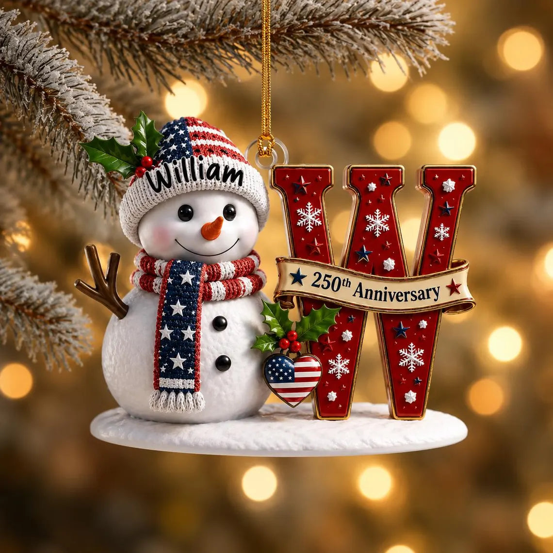 Personalized Patriotic Snowman Ornament, Custom Name Monogram Acrylic 2D Flat Tree Decor, USA 250th Anniversary Christmas Keepsake Gift