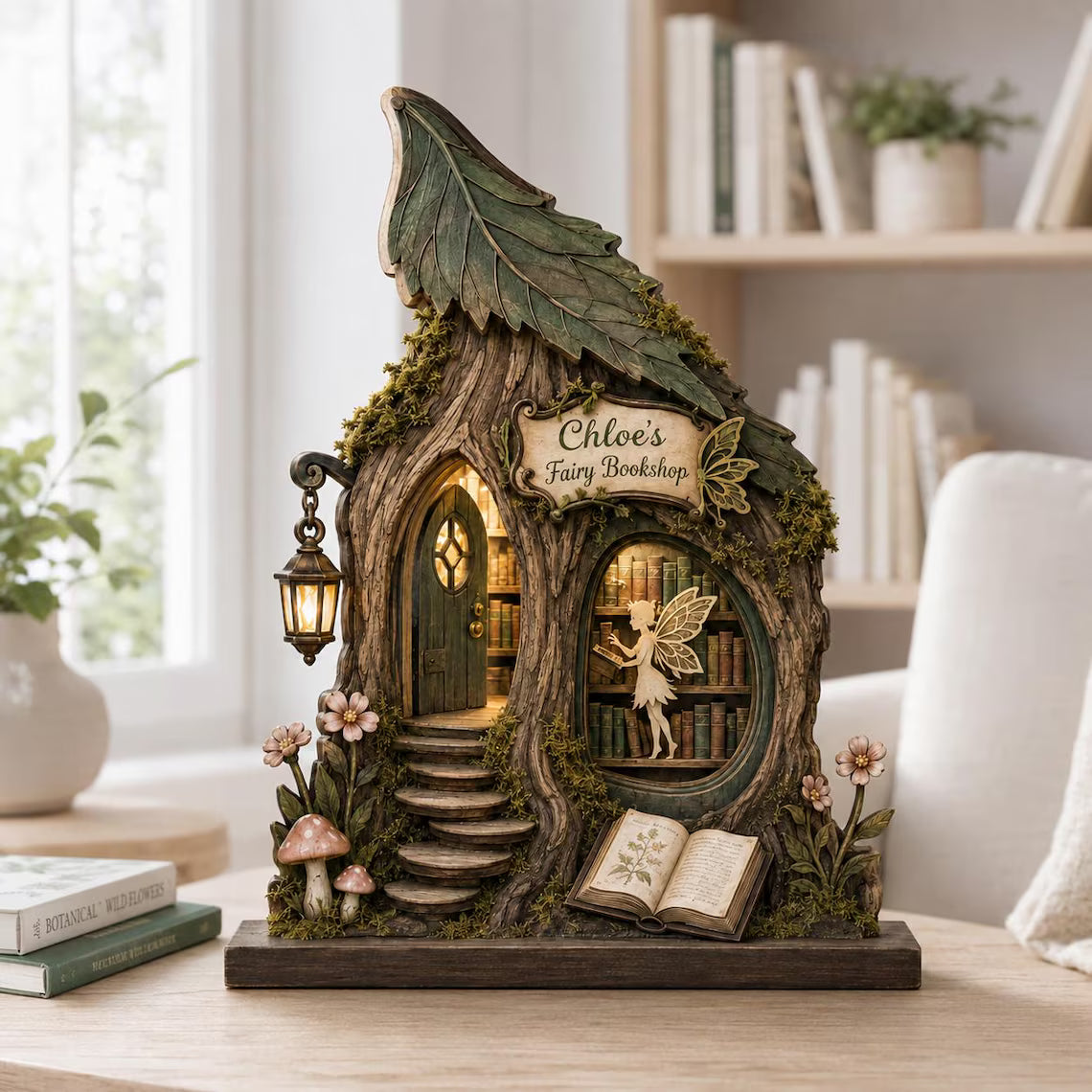 2D Print Personalized Fairy Bookshop Wooden Block, Enchanted Library Sign, Fantasy Shelf Decor (2D)