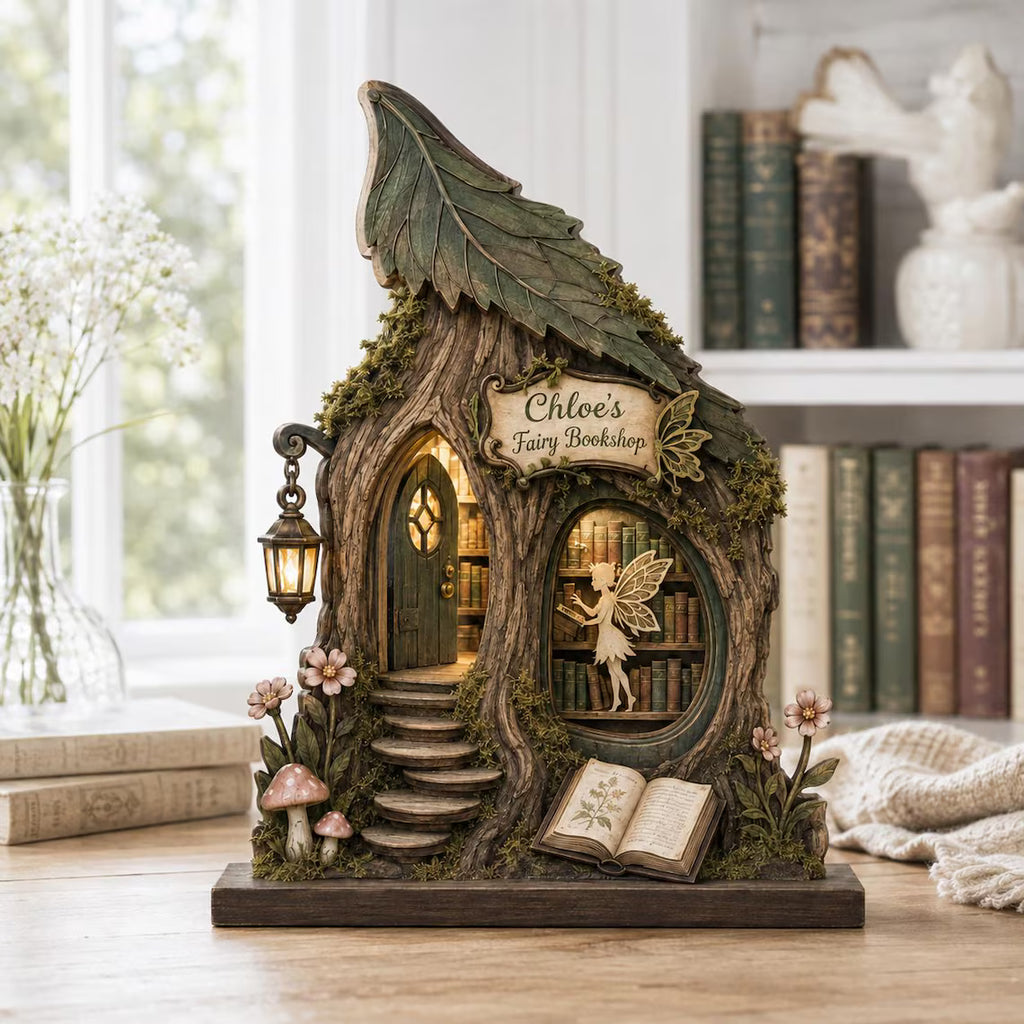 2D Print Personalized Fairy Bookshop Wooden Block, Enchanted Library Sign, Fantasy Shelf Decor (2D)