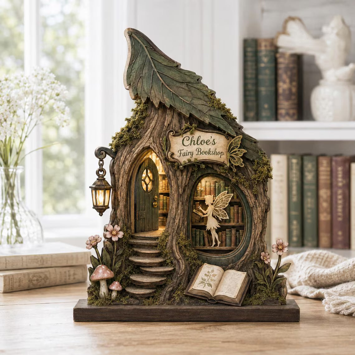 2D Print Personalized Fairy Bookshop Wooden Block, Enchanted Library Sign, Fantasy Shelf Decor (2D)