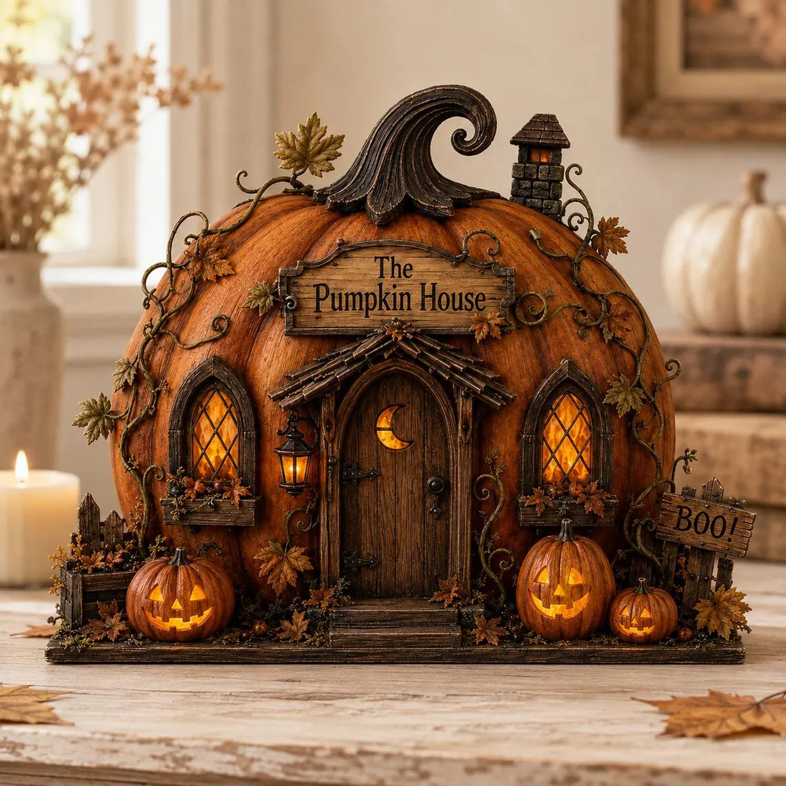 2D Print Pumpkin House Wooden Block, Layered Halloween Mantel and Shelf Decor