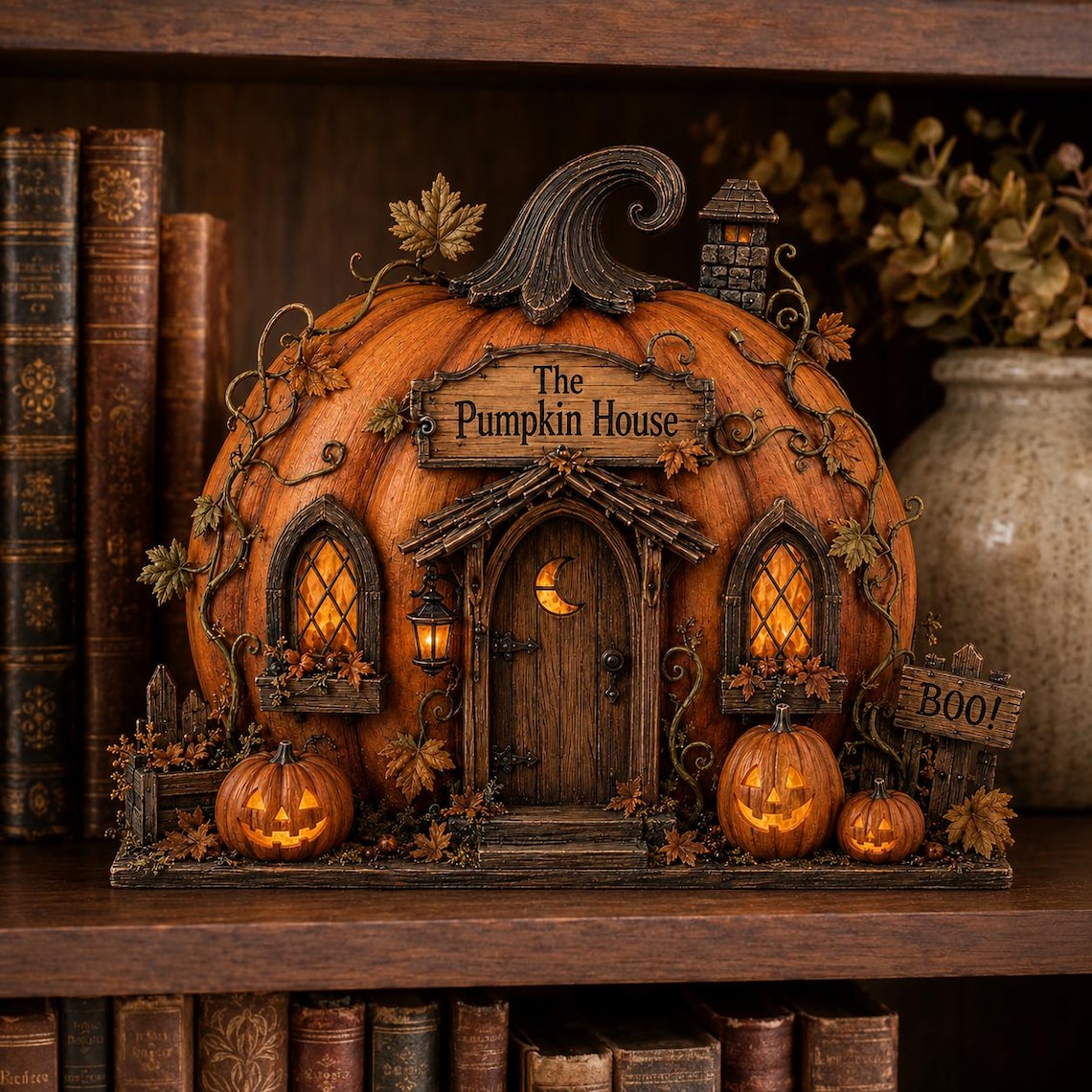 Pumpkin House Wooden Block, Layered Halloween Mantel and Shelf Decor