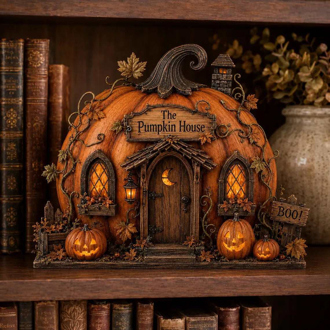 2D Print Pumpkin House Wooden Block, Layered Halloween Mantel and Shelf Decor