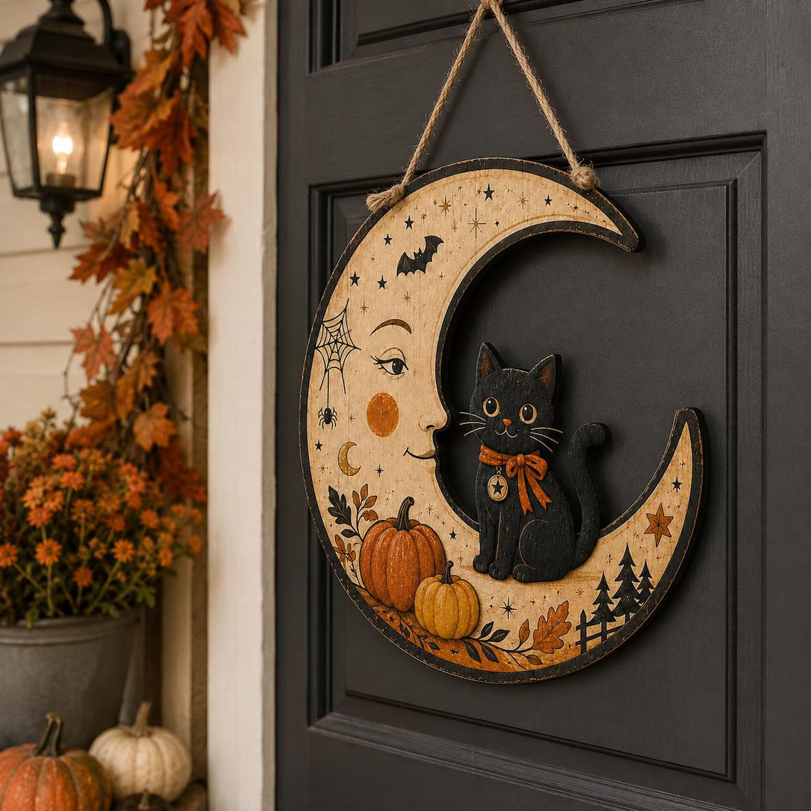 Halloween Black Cat Door Hanger, Crescent Moon Pumpkin Sign, Vintage Fall Front Door Decor, Gothic Cat Lover Gift, Autumn Porch