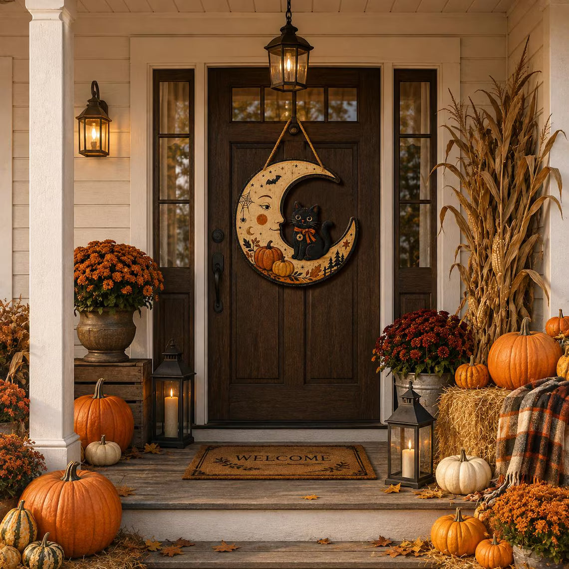 Halloween Black Cat Door Hanger, Crescent Moon Pumpkin Sign, Vintage Fall Front Door Decor, Gothic Cat Lover Gift, Autumn Porch