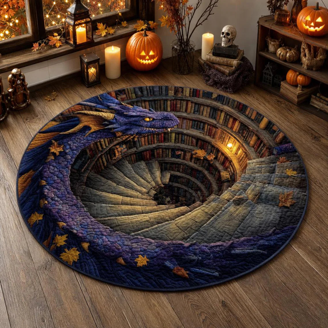 Halloween Fantasy Dragon Circle Rug, 3D Optical Illusion Spiral Library Rug, Mystical Purple Dragon Floor Carpet,Gift for Halloween Lovers