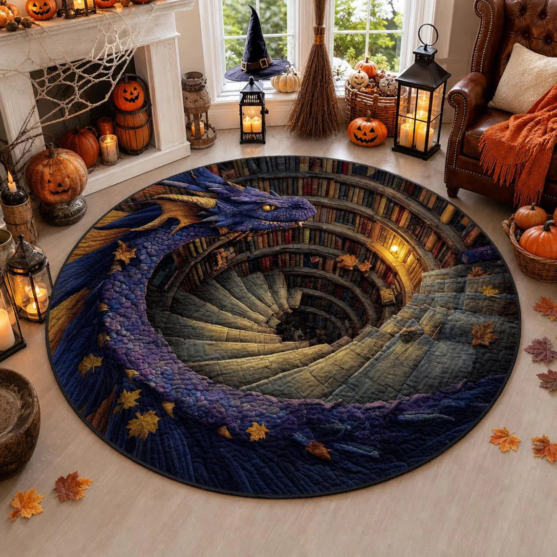 Halloween Fantasy Dragon Circle Rug, 3D Optical Illusion Spiral Library Rug, Mystical Purple Dragon Floor Carpet,Gift for Halloween Lovers