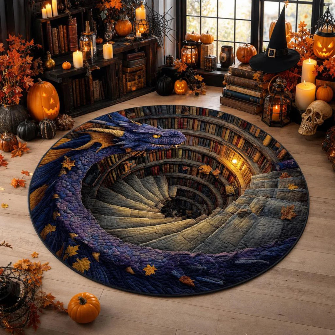 Halloween Fantasy Dragon Circle Rug, 3D Optical Illusion Spiral Library Rug, Mystical Purple Dragon Floor Carpet,Gift for Halloween Lovers