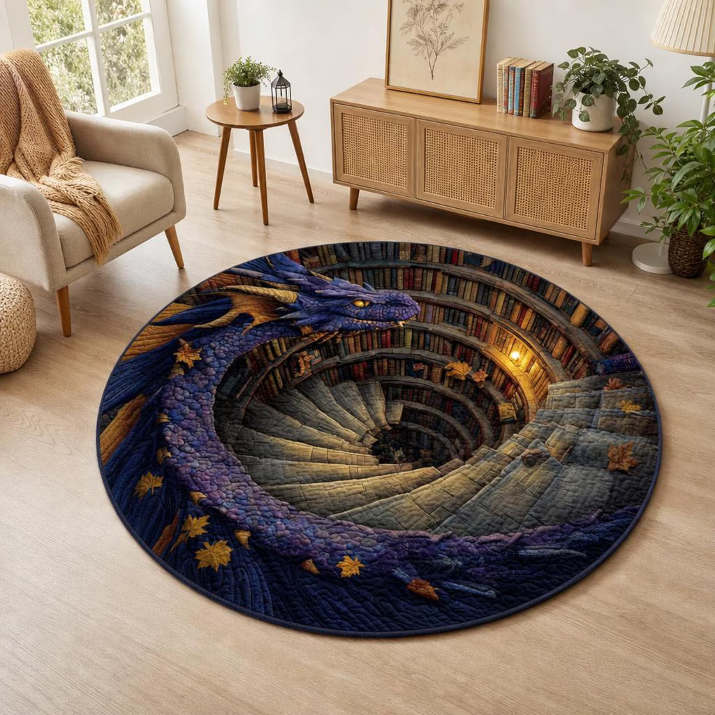 Halloween Fantasy Dragon Circle Rug, 3D Optical Illusion Spiral Library Rug, Mystical Purple Dragon Floor Carpet,Gift for Halloween Lovers