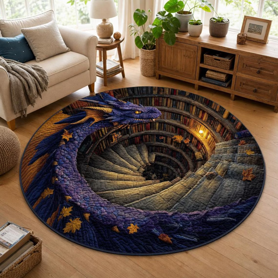 Halloween Fantasy Dragon Circle Rug, 3D Optical Illusion Spiral Library Rug, Mystical Purple Dragon Floor Carpet,Gift for Halloween Lovers