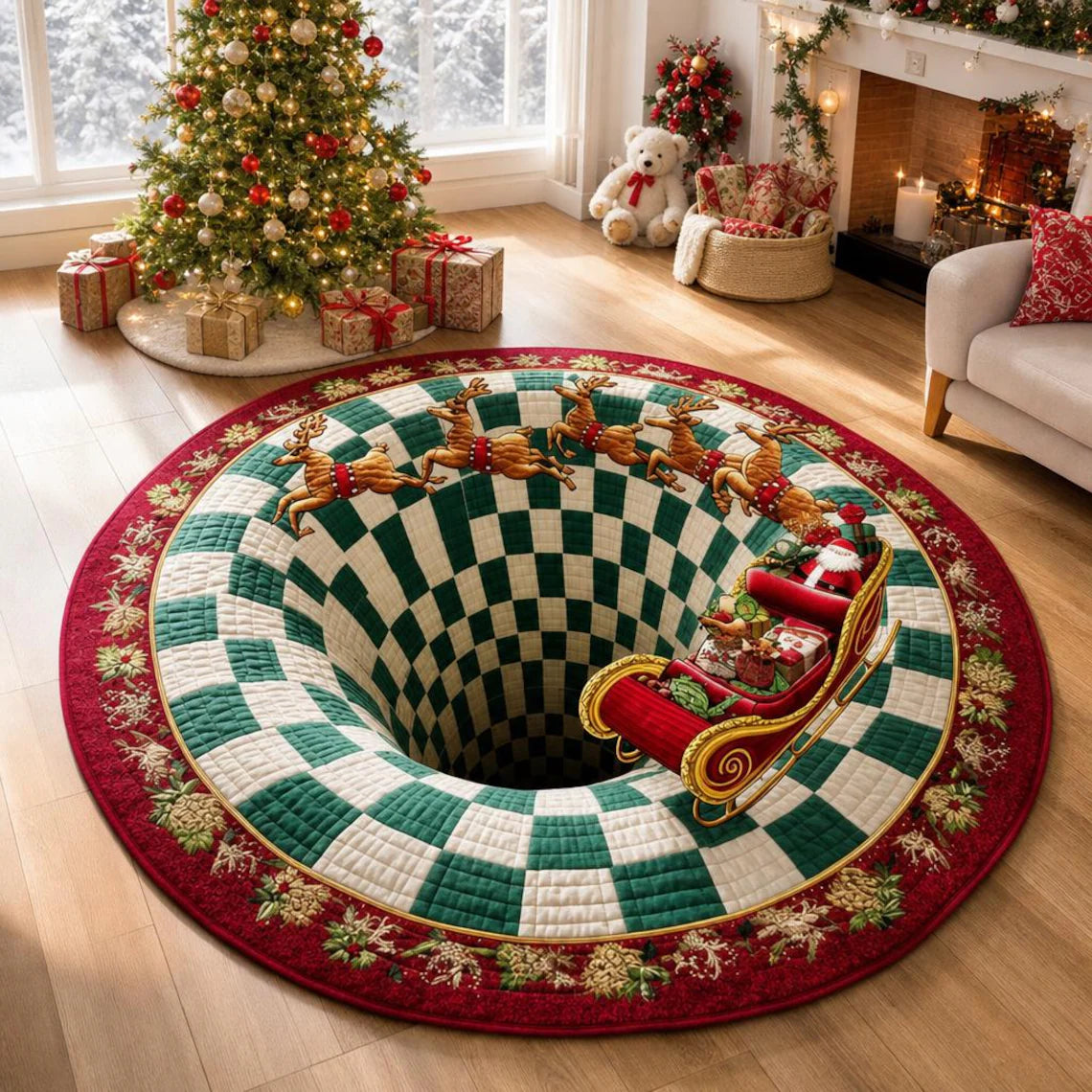 Christmas Santa Sleigh Vortex 3D Round Rug, Reindeer Checkered Optical Illusion Floor Mat, Non Slip Xmas Home Decor, Christmas Gift