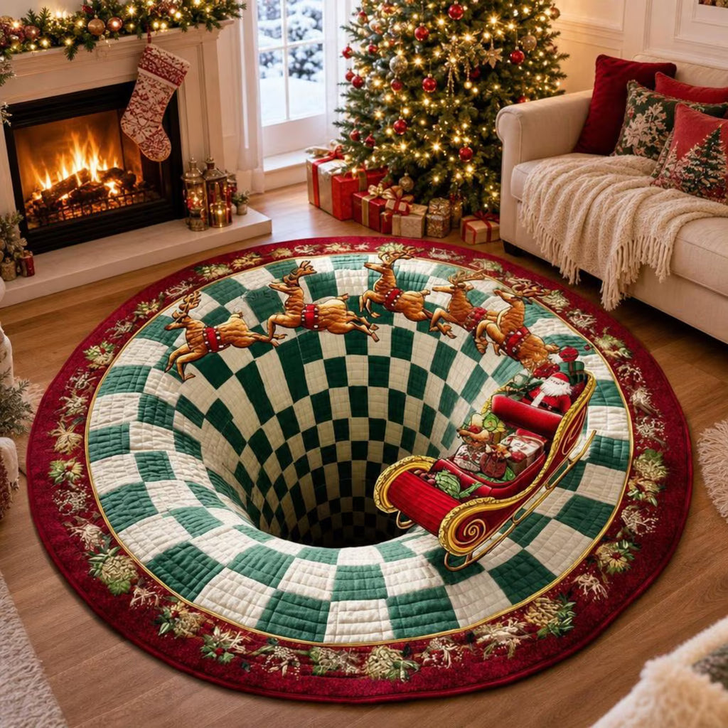 Christmas Santa Sleigh Vortex 3D Round Rug, Reindeer Checkered Optical Illusion Floor Mat, Non Slip Xmas Home Decor, Christmas Gift