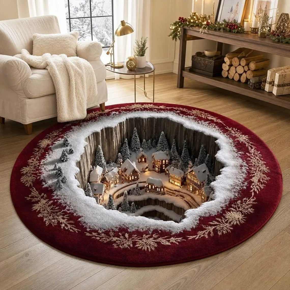 Christmas Winter Village 3D Round Rug, Snowy Mountain Town Vortex Optical Illusion Floor Mat, Non Slip Xmas Home Decor, Christmas Gift