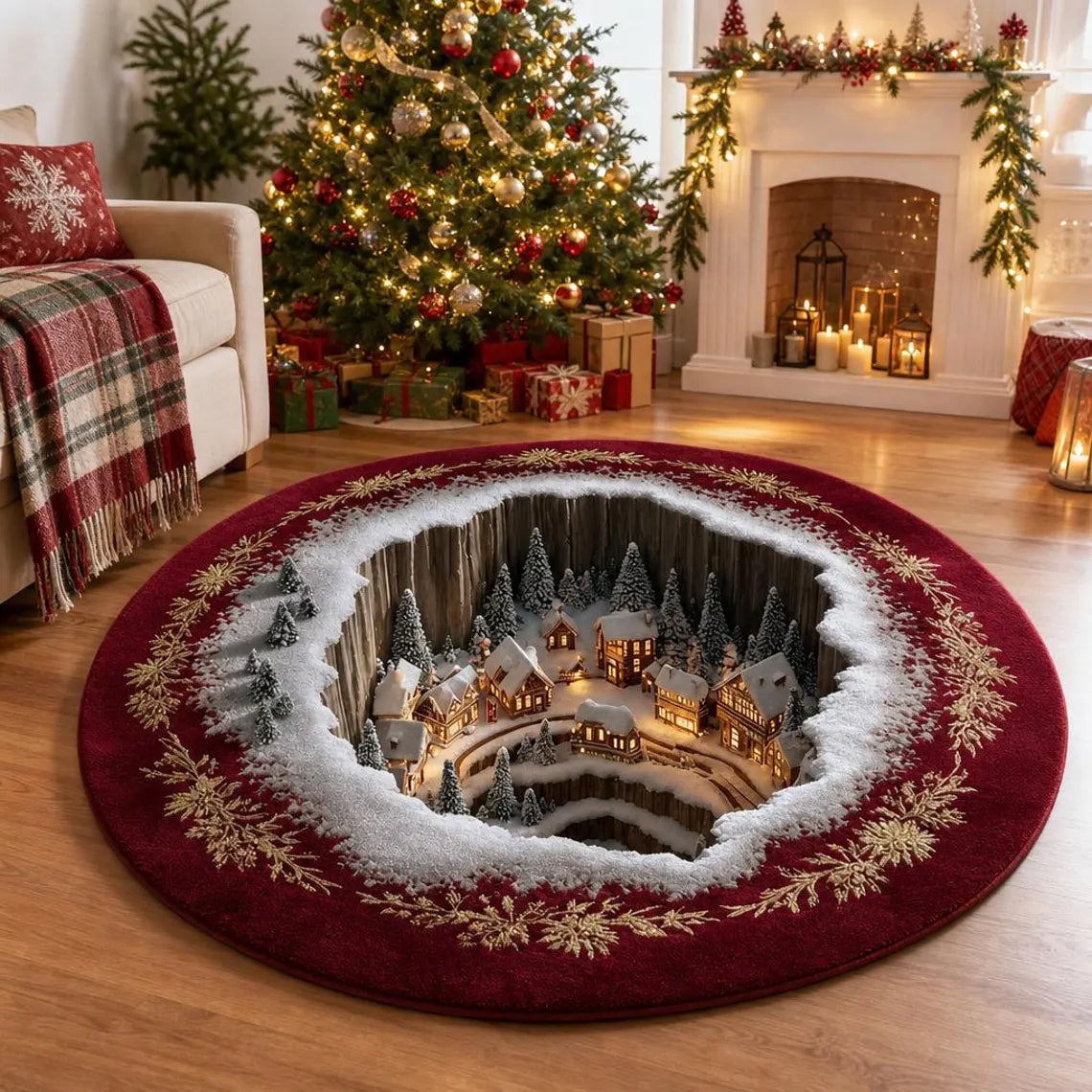 Christmas Winter Village 3D Round Rug, Snowy Mountain Town Vortex Optical Illusion Floor Mat, Non Slip Xmas Home Decor, Christmas Gift