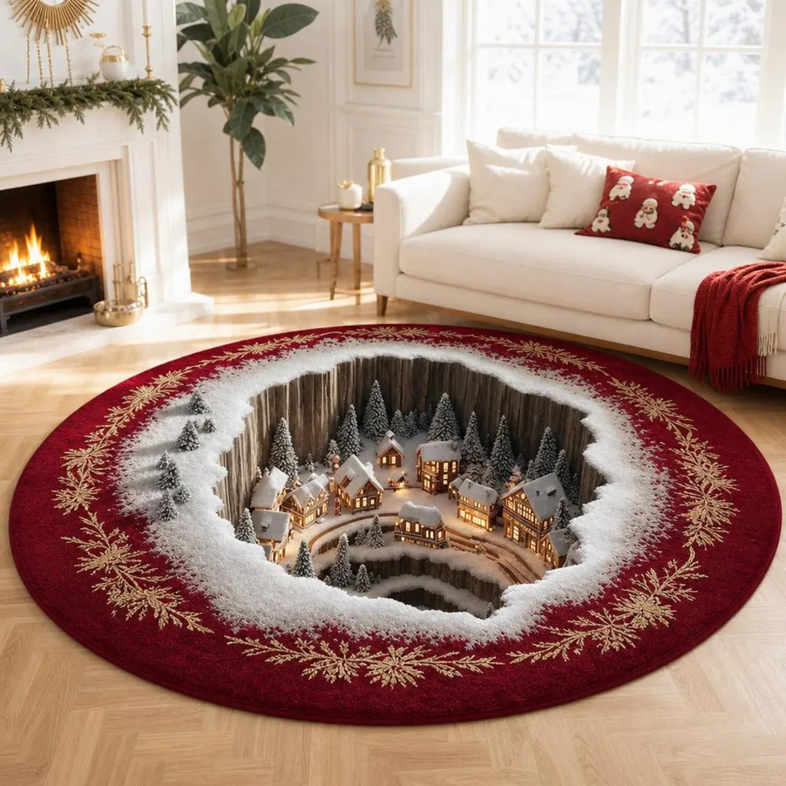 Christmas Winter Village 3D Round Rug, Snowy Mountain Town Vortex Optical Illusion Floor Mat, Non Slip Xmas Home Decor, Christmas Gift