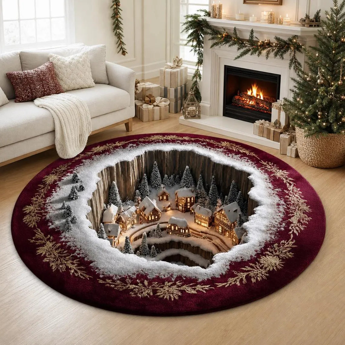 Christmas Winter Village 3D Round Rug, Snowy Mountain Town Vortex Optical Illusion Floor Mat, Non Slip Xmas Home Decor, Christmas Gift