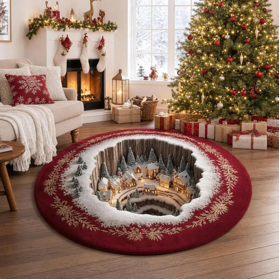 Christmas Winter Village 3D Round Rug, Snowy Mountain Town Vortex Optical Illusion Floor Mat, Non Slip Xmas Home Decor, Christmas Gift