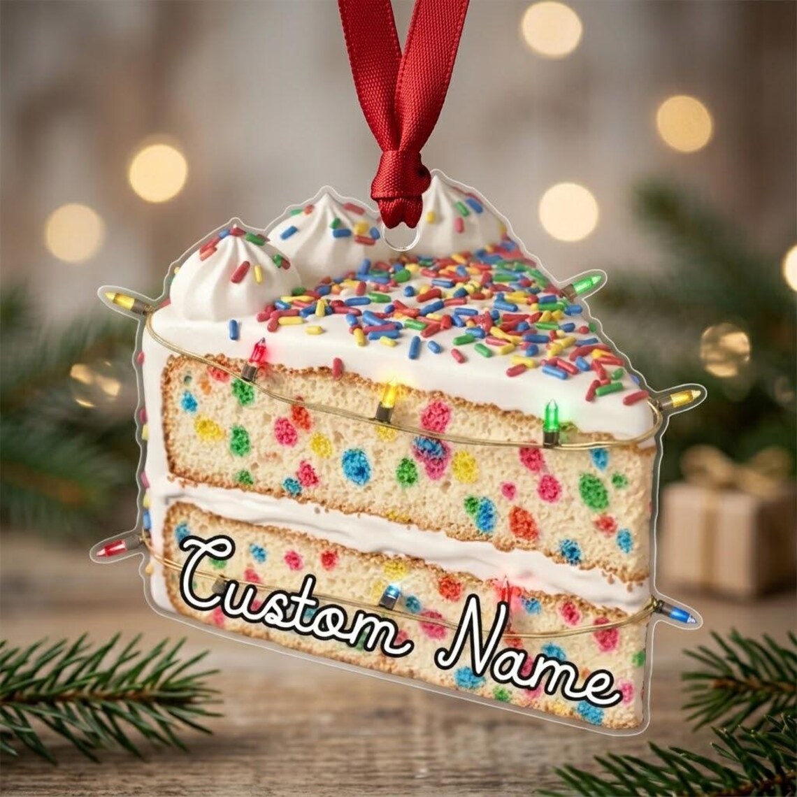 2D Flat Personalized Birthday Cake Slice Ornament: Custom Name Christmas Keepsake