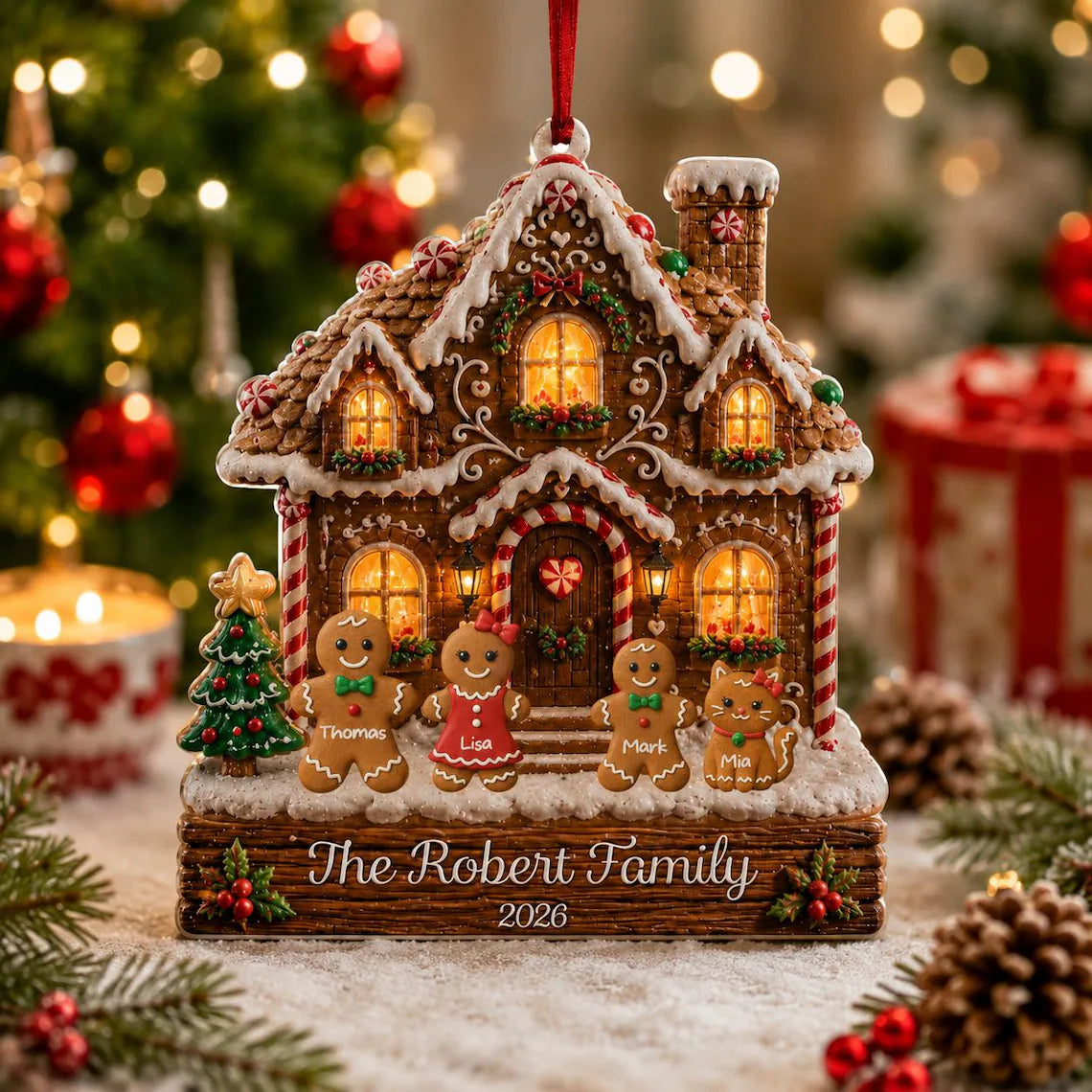 2D Flat Personalized Gingerbread House Acrylic Ornament, Custom Gingerbread Family Ornament, Faux 3D Holiday Decor, 2026 Christmas Keepsake