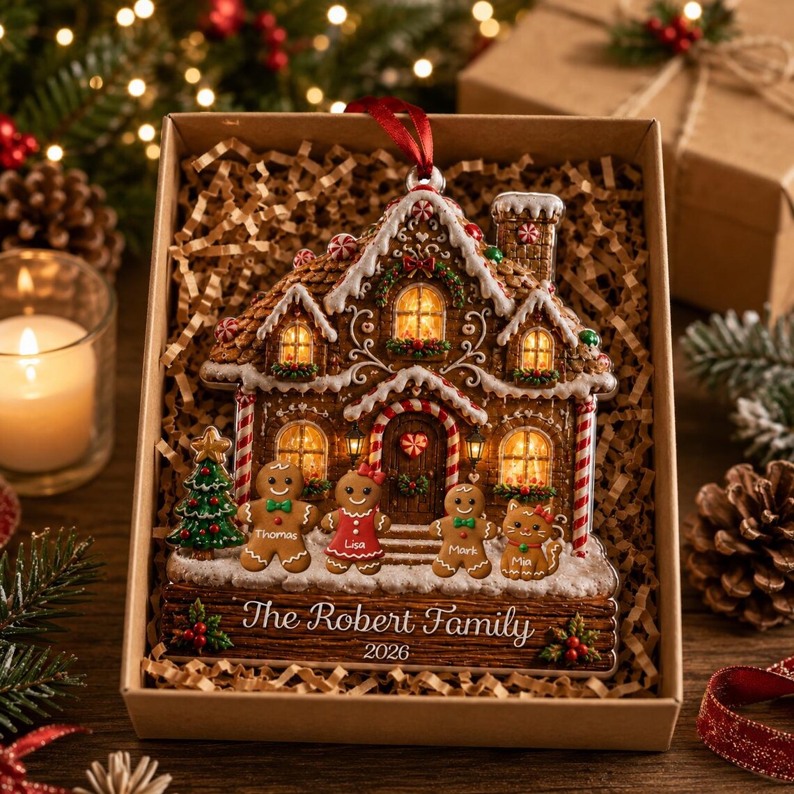 2D Flat Personalized Gingerbread House Acrylic Ornament, Custom Gingerbread Family Ornament, Faux 3D Holiday Decor, 2026 Christmas Keepsake