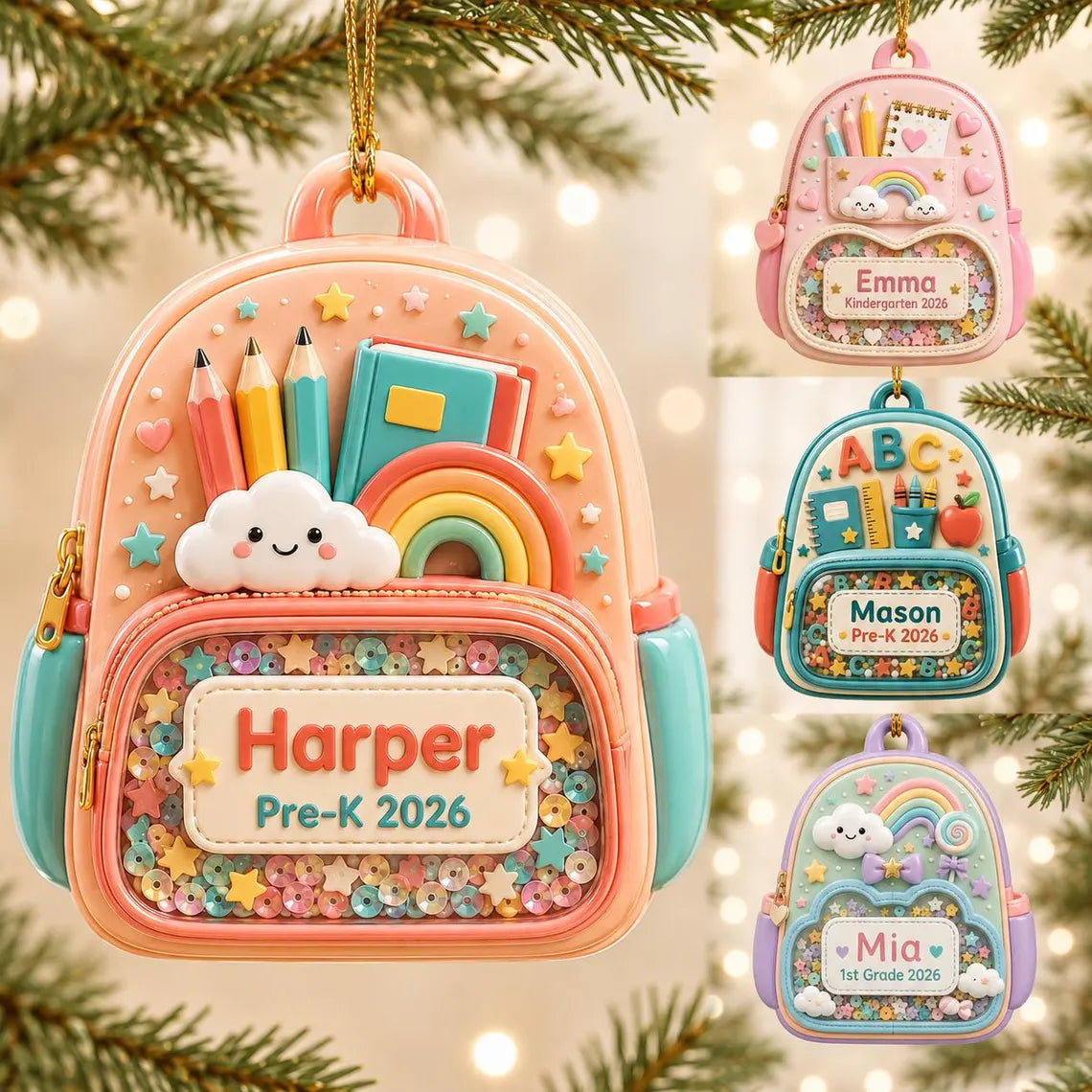 2D Flat Personalized Kindergarten 2026 Ornament, Custom Backpack Keepsake, First Day of School Gift