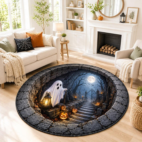 3D Halloween Area Rug, Spooky Ghost Round Carpet, Haunted Cemetery Floor Decor, Halloween Living Room Rug