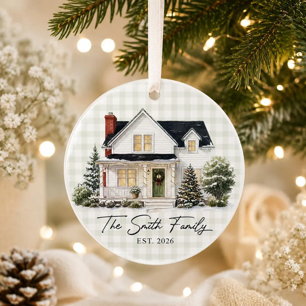 Custom Gingham Watercolor House Photo Ornament, New Home Christmas Keepsake, Housewarming Gift, Newlywed Gift, Realtor Gift For Buyers