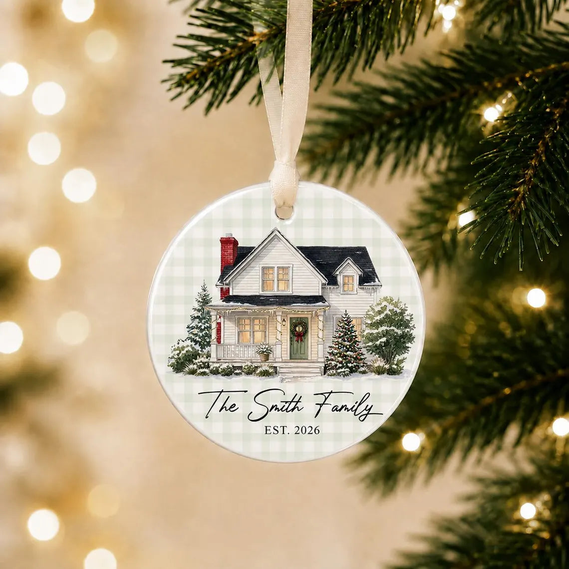 Custom Gingham Watercolor House Photo Ornament, New Home Christmas Keepsake, Housewarming Gift, Newlywed Gift, Realtor Gift For Buyers