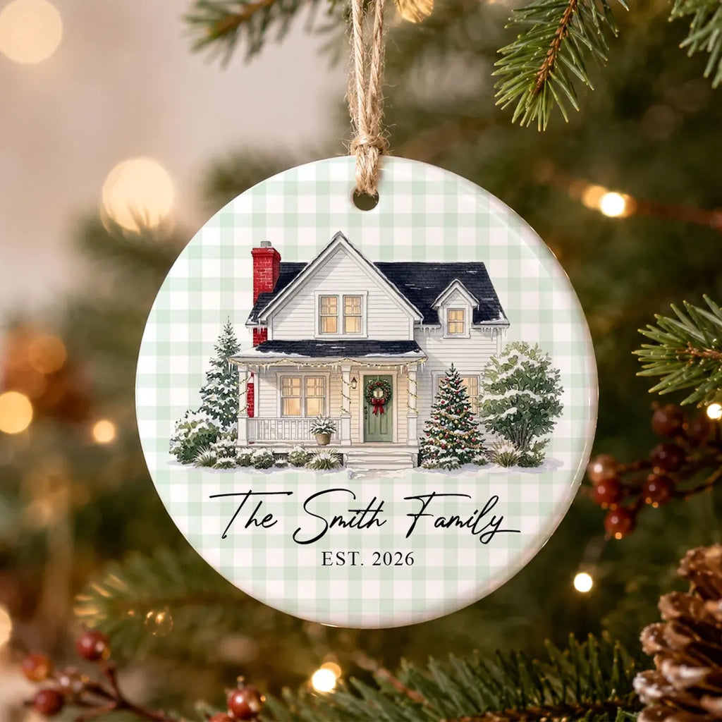 Custom Gingham Watercolor House Photo Ornament, New Home Christmas Keepsake, Housewarming Gift, Newlywed Gift, Realtor Gift For Buyers
