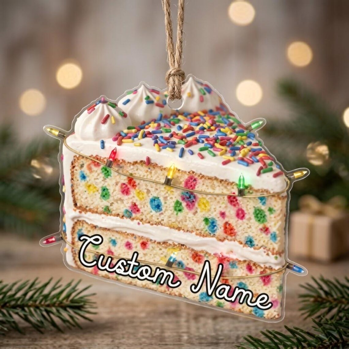 2D Flat Personalized Birthday Cake Slice Ornament: Custom Name Christmas Keepsake