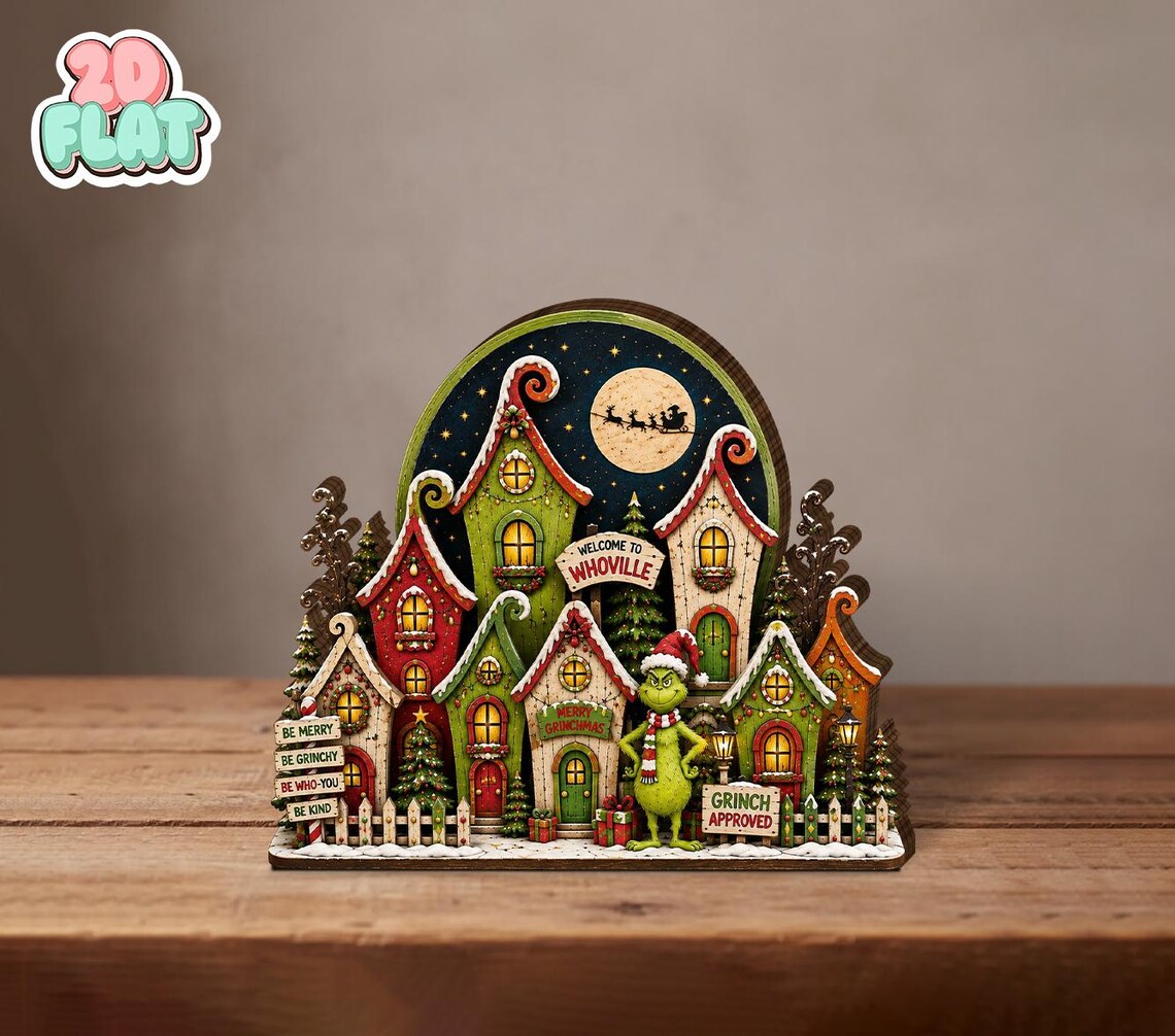 2D Print Grinch Christmas Wooden Block Sign, Whoville Village Shelf Sitter, Grinchmas Decor, Whimsical Christmas Home Decor, Grinch Lover Gift
