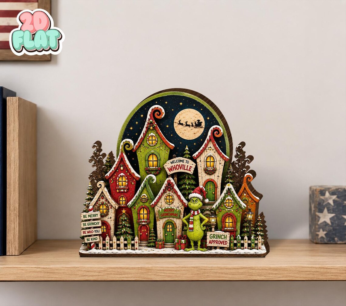 2D Print Grinch Christmas Wooden Block Sign, Whoville Village Shelf Sitter, Grinchmas Decor, Whimsical Christmas Home Decor, Grinch Lover Gift