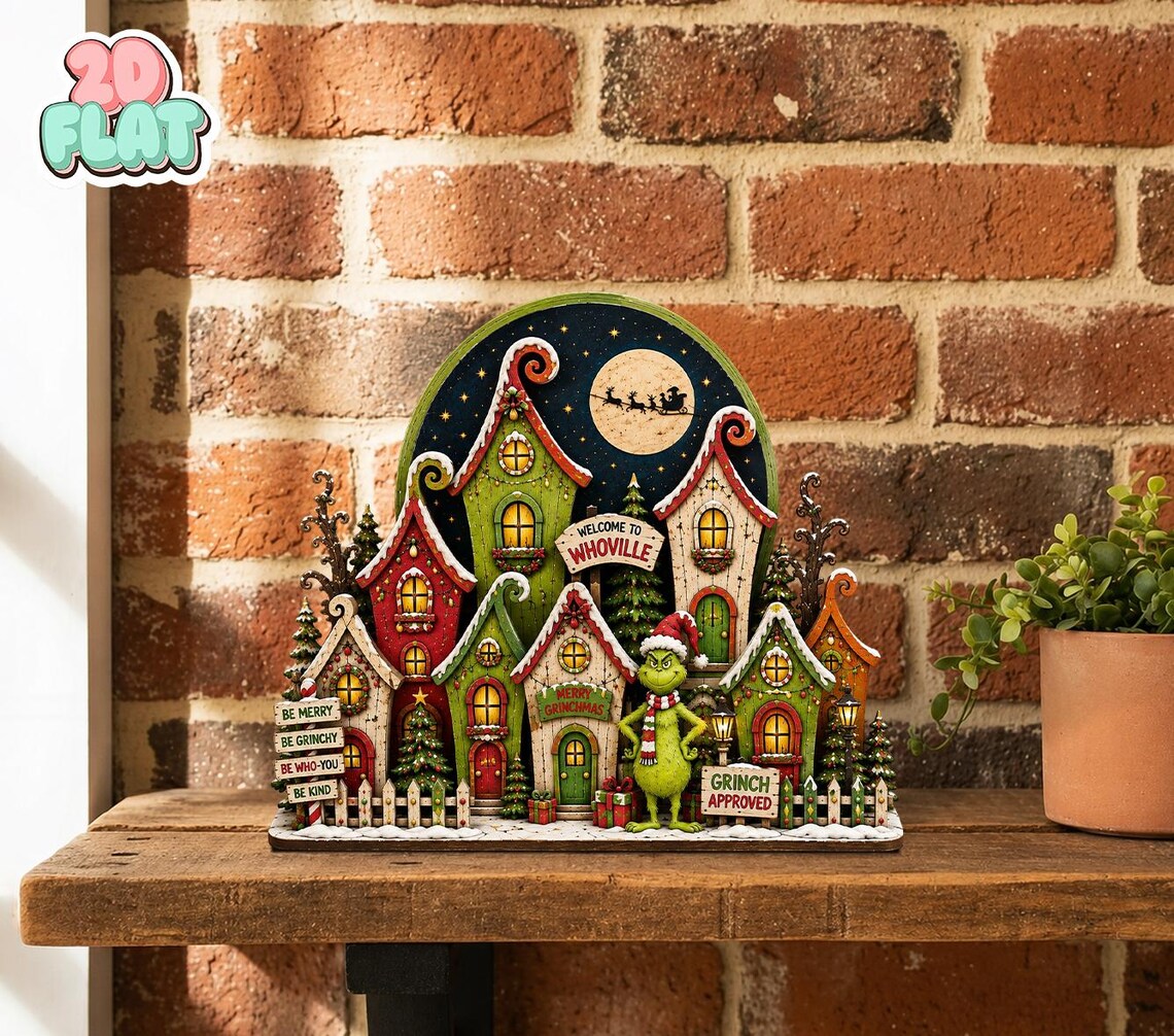 2D Print Grinch Christmas Wooden Block Sign, Whoville Village Shelf Sitter, Grinchmas Decor, Whimsical Christmas Home Decor, Grinch Lover Gift
