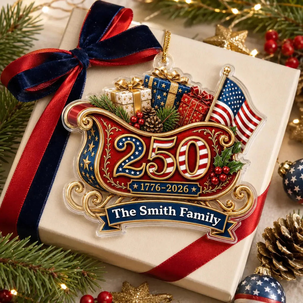 Custom America 250 Sleigh Ornament, Family Name 1776-2026 Patriotic Christmas Tree Decor, USA 250th Anniversary Gift, Family Gift
