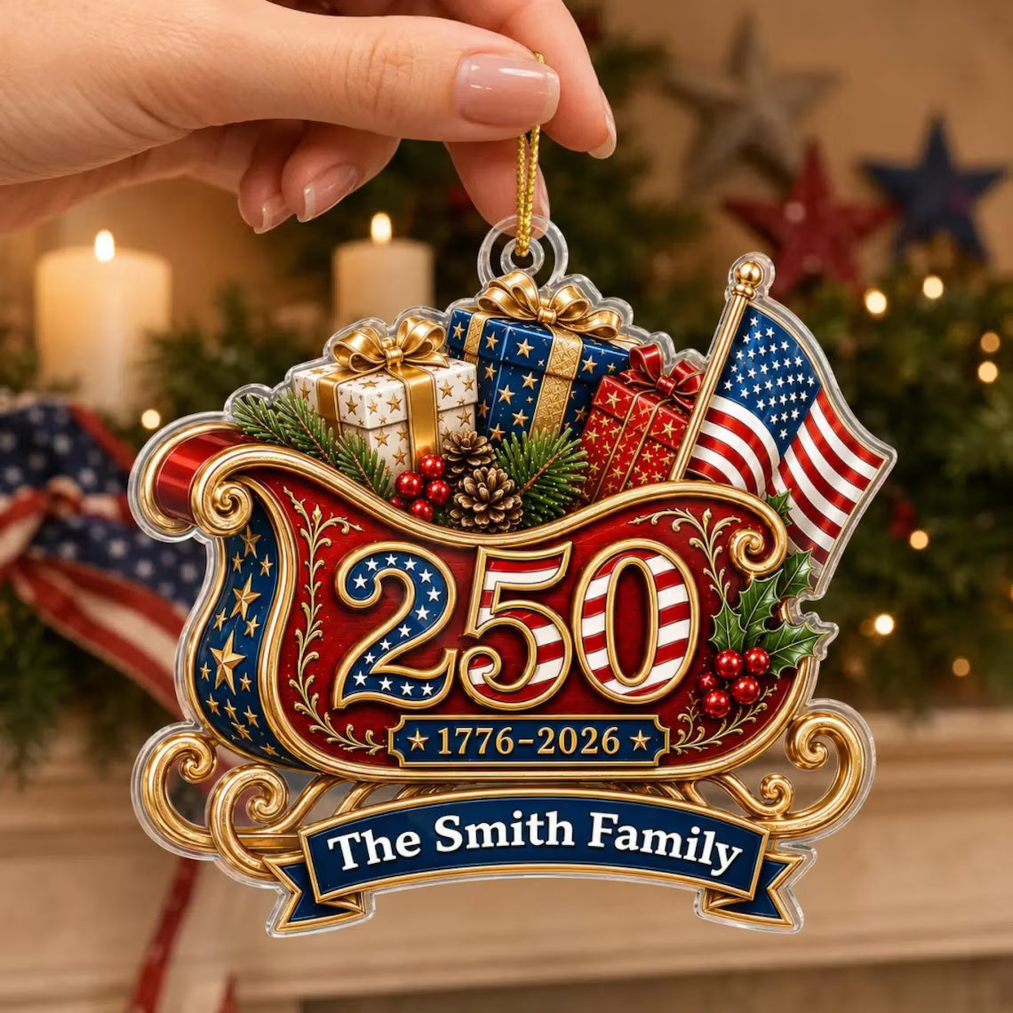 Custom America 250 Sleigh Ornament, Family Name 1776-2026 Patriotic Christmas Tree Decor, USA 250th Anniversary Gift, Family Gift