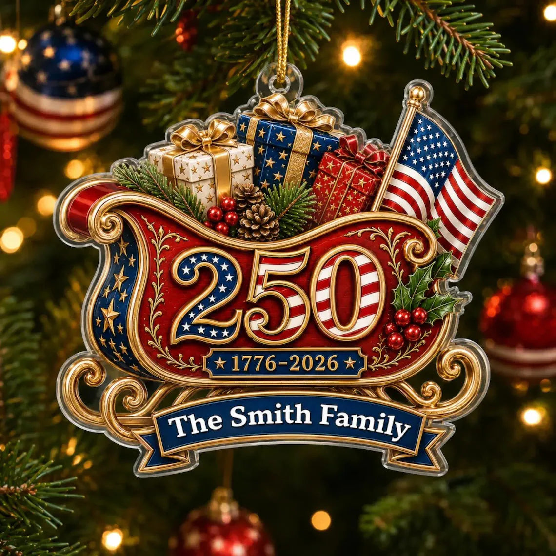 Custom America 250 Sleigh Ornament, Family Name 1776-2026 Patriotic Christmas Tree Decor, USA 250th Anniversary Gift, Family Gift