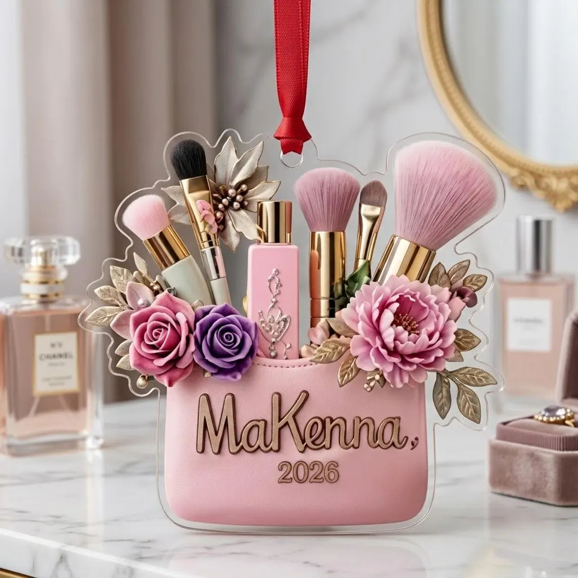 Custom Name Makeup Bag Christmas Ornament Acrylic Cosmetic Brush Holiday Tree Decoration