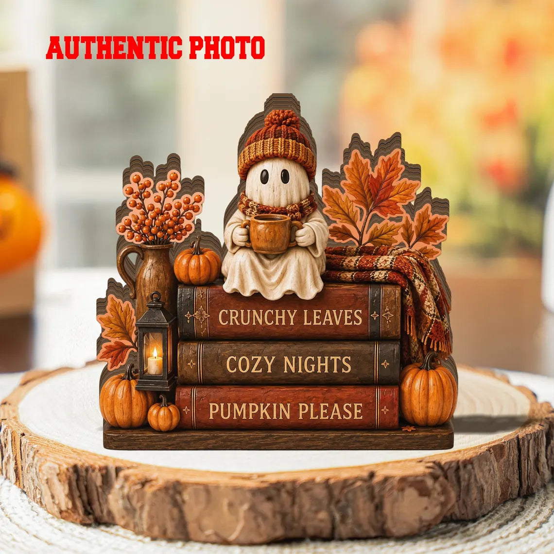 Ghost Coffee Fall Wooden block, Book Stack, Halloween BookShelf Decor