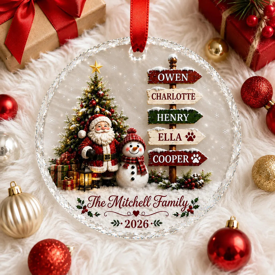 Personalized Family Christmas Ornament 2026, Custom Name Glass Ornament, Santa Snowman Tree Decor, Pet Family Keepsake, Holiday Gift