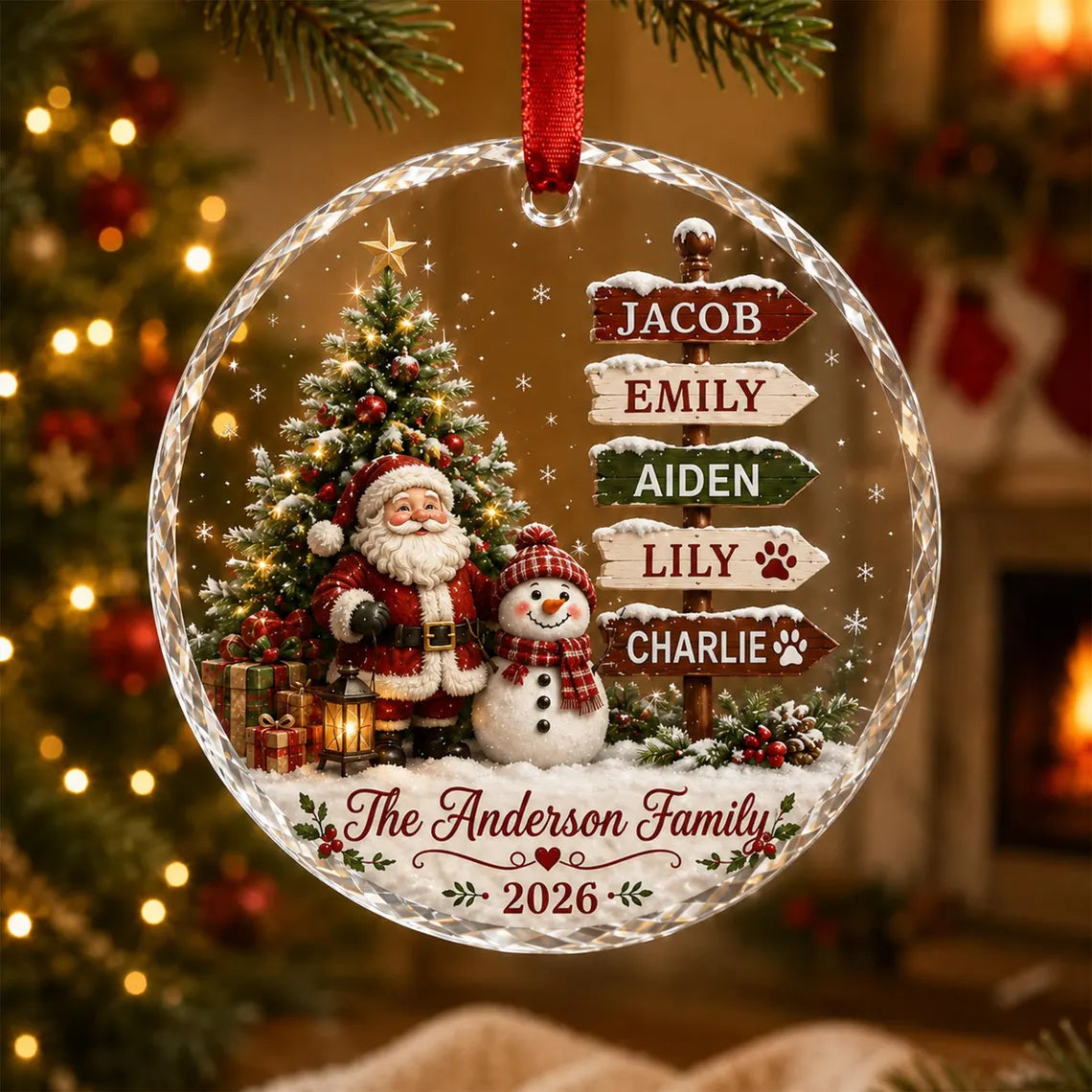 Personalized Family Christmas Ornament 2026, Custom Name Glass Ornament, Santa Snowman Tree Decor, Pet Family Keepsake, Holiday Gift