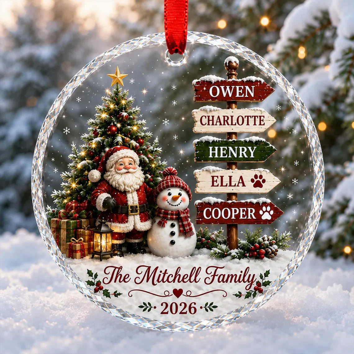 Personalized Family Christmas Ornament 2026, Custom Name Glass Ornament, Santa Snowman Tree Decor, Pet Family Keepsake, Holiday Gift