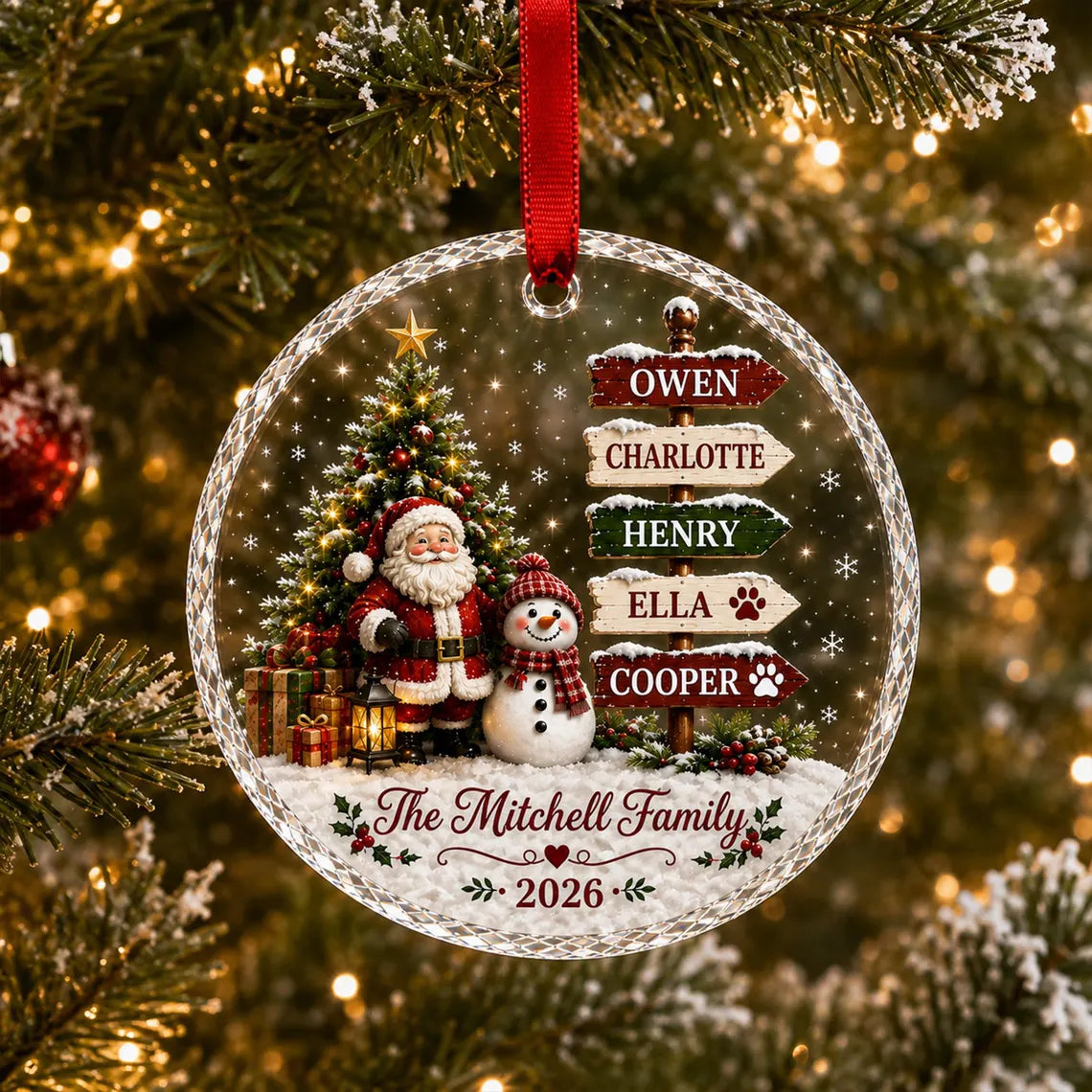 Personalized Family Christmas Ornament 2026, Custom Name Glass Ornament, Santa Snowman Tree Decor, Pet Family Keepsake, Holiday Gift