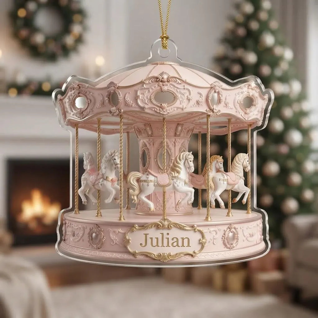 2D Flat Personalized Carousel Christmas Ornament, Custom Name Merry-Go-Round Horse Keepsake