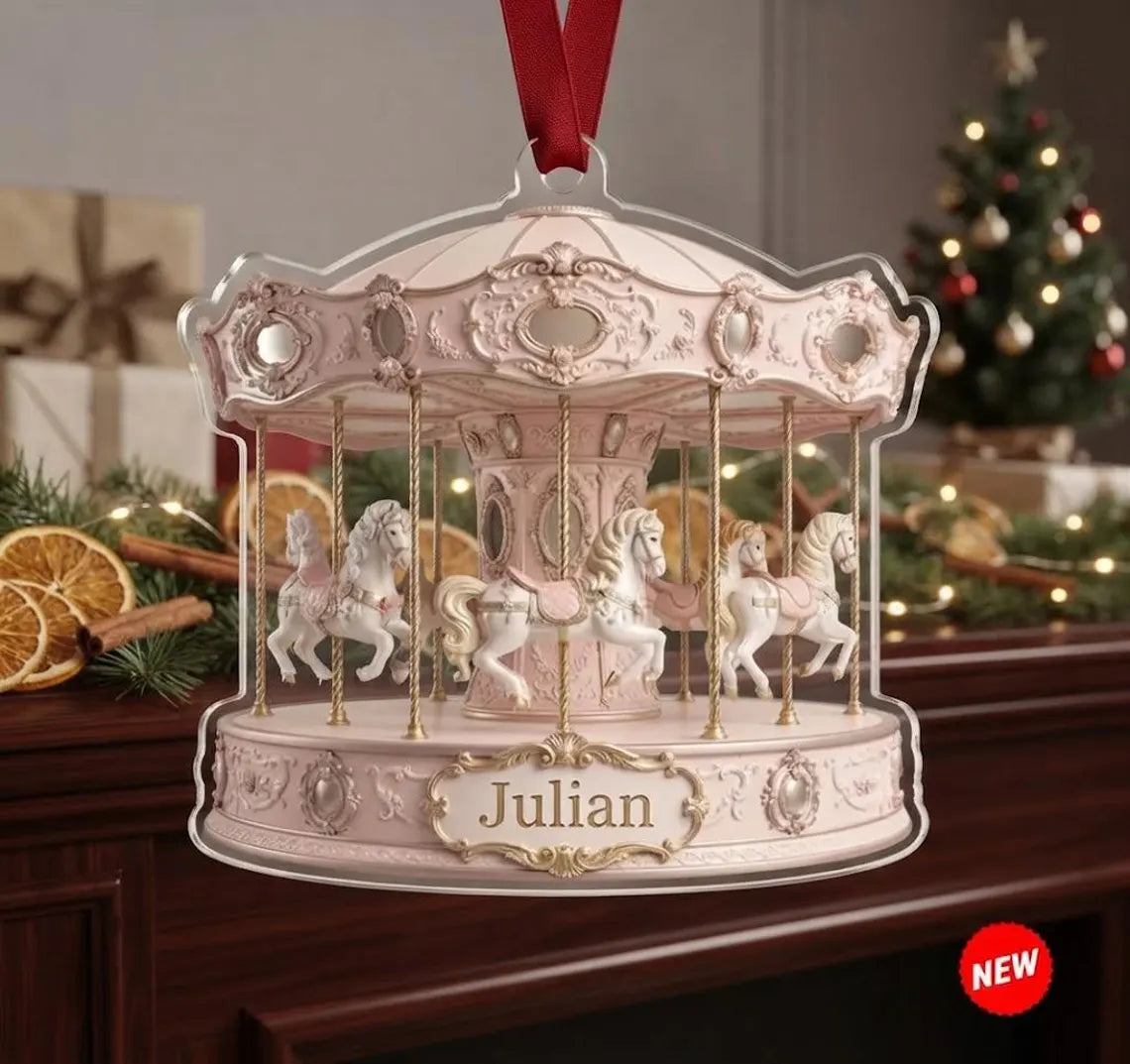 2D Flat Personalized Carousel Christmas Ornament, Custom Name Merry-Go-Round Horse Keepsake