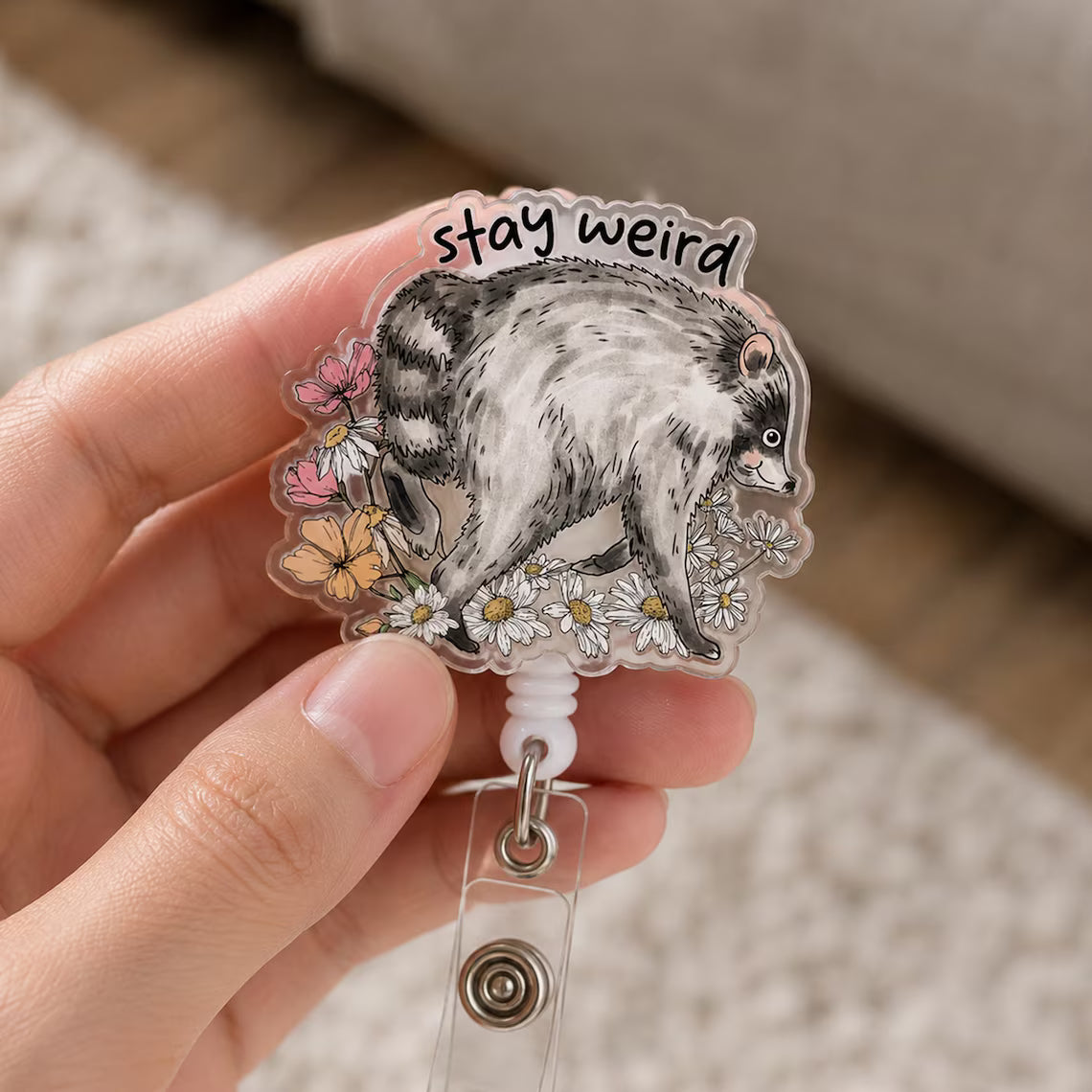 Weird Jimothy Raccoon Badge Reel, Funny Jimothy Badge Reel, Funny Possum Badge Holder, Cute Animal ID Reel, Floral Opossum Nurse Badge Reel