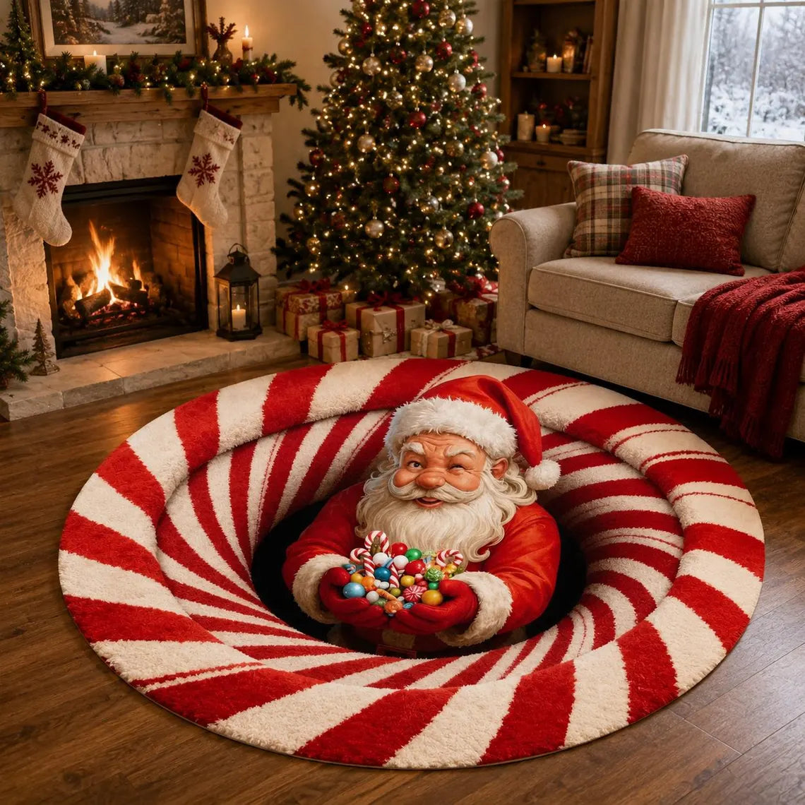 Santa Candy Cane 3D Illusion Rug, Christmas Round Area Carpet, Santa Claus Floor Mat, Peppermint Holiday Decor, Xmas Home Gift